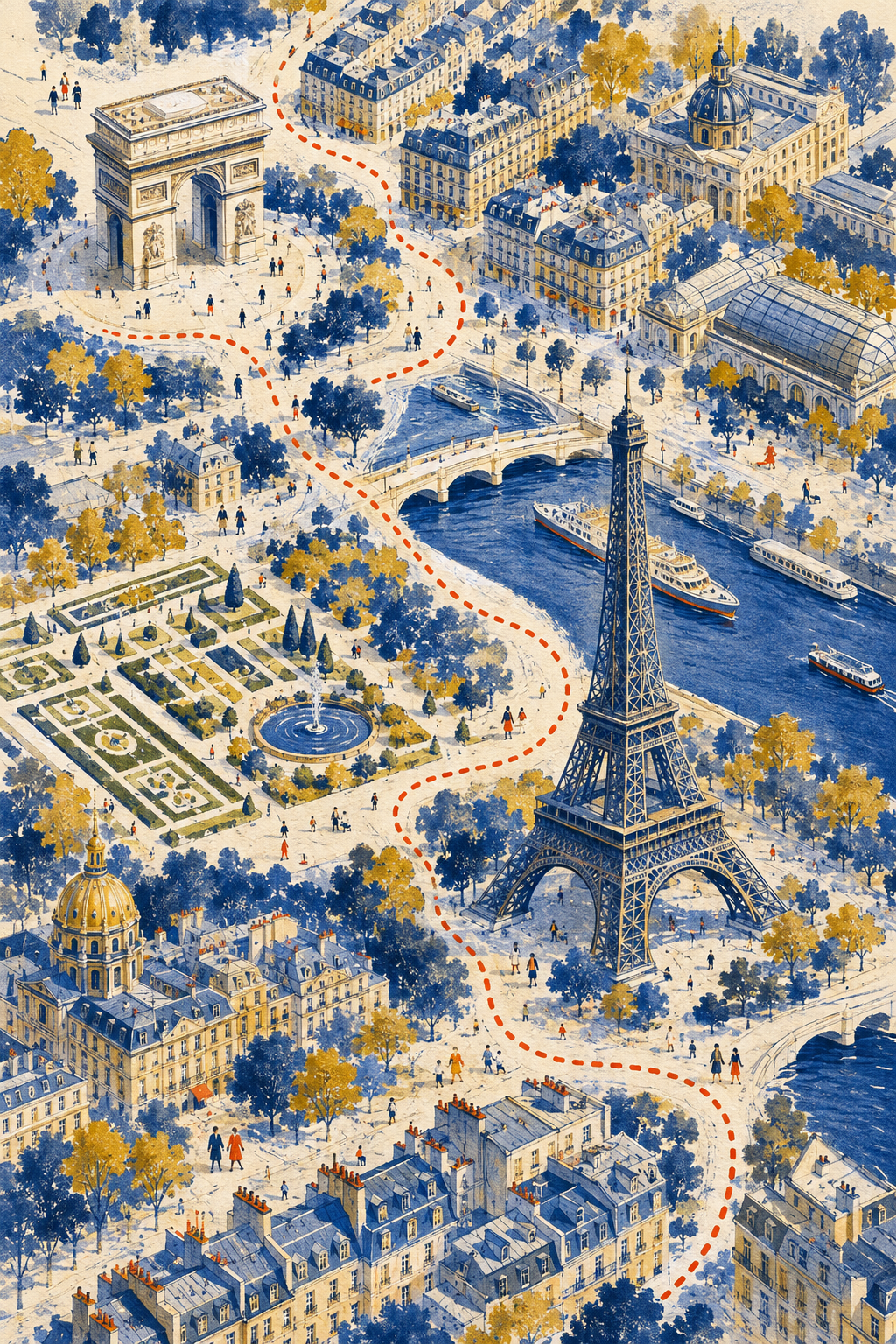Mapa ilustrado de París con tejados azules, el Sena, jardines y un camino rojo entre monumentos